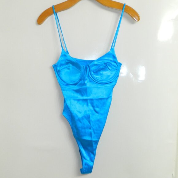 Zara Turquoise Blue Satin Effect Bustier Wired Bra Bodysuit Size Small - Picture 1 of 13